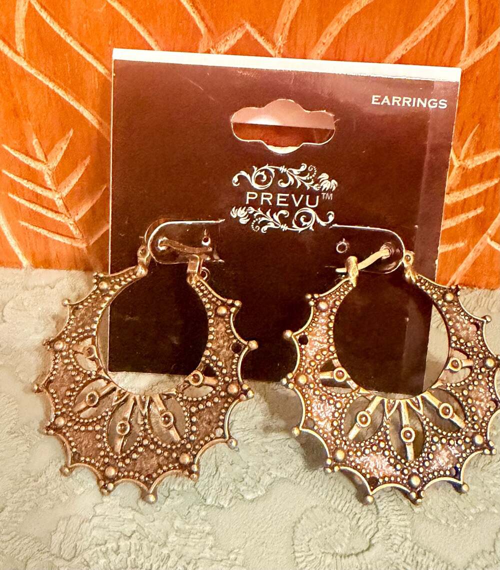 PREVU Ornate Mandala Filigree Hoop Earrings in Antique Gold Tone